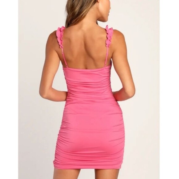 Lulus Flirt Alert Hot Pink Mini Dress NWT Ruffled Straps Adjustable Length Sz M - Picture 2 of 12